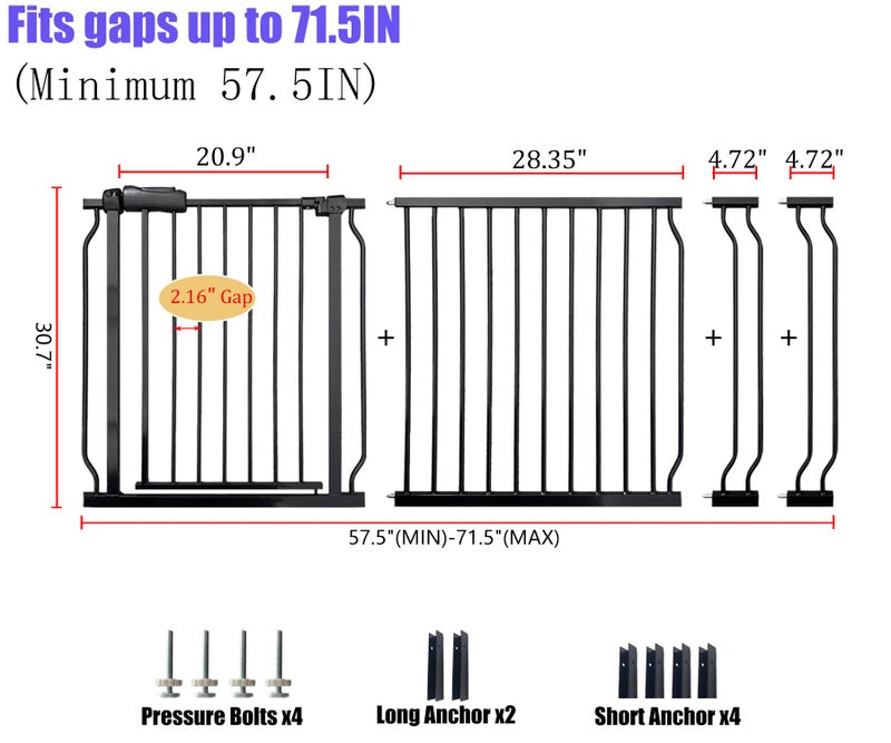Vothco Wide Baby Gate 67-71.5 Inch Heavy Duty Steel Safety for Stairs, Pressure-Mounted Indoor Dog, No Drilling, Modern Home Design, Black - Image 2